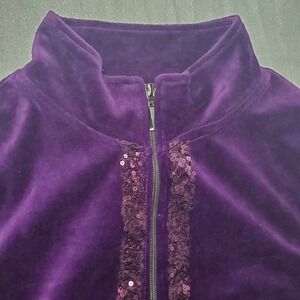 Onque Casual Purple Velour‎ Sequin Trim Zip Up Jacket Women's Size L Grandma